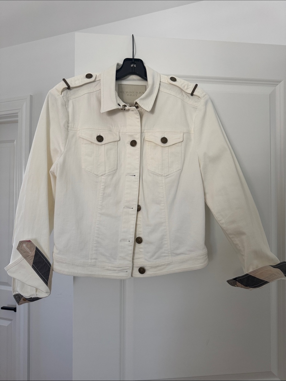 Burberry Ivory Cotton Blend Denim Jacket with Signature Cuff Detail